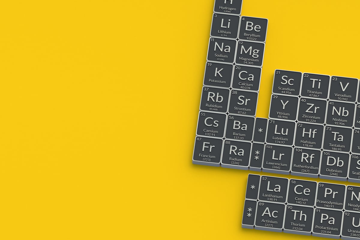 Periodic table of elements. Scientific development. Chemical symbols. Science and education. Chemistry research. Top view. Copy space. 3d render